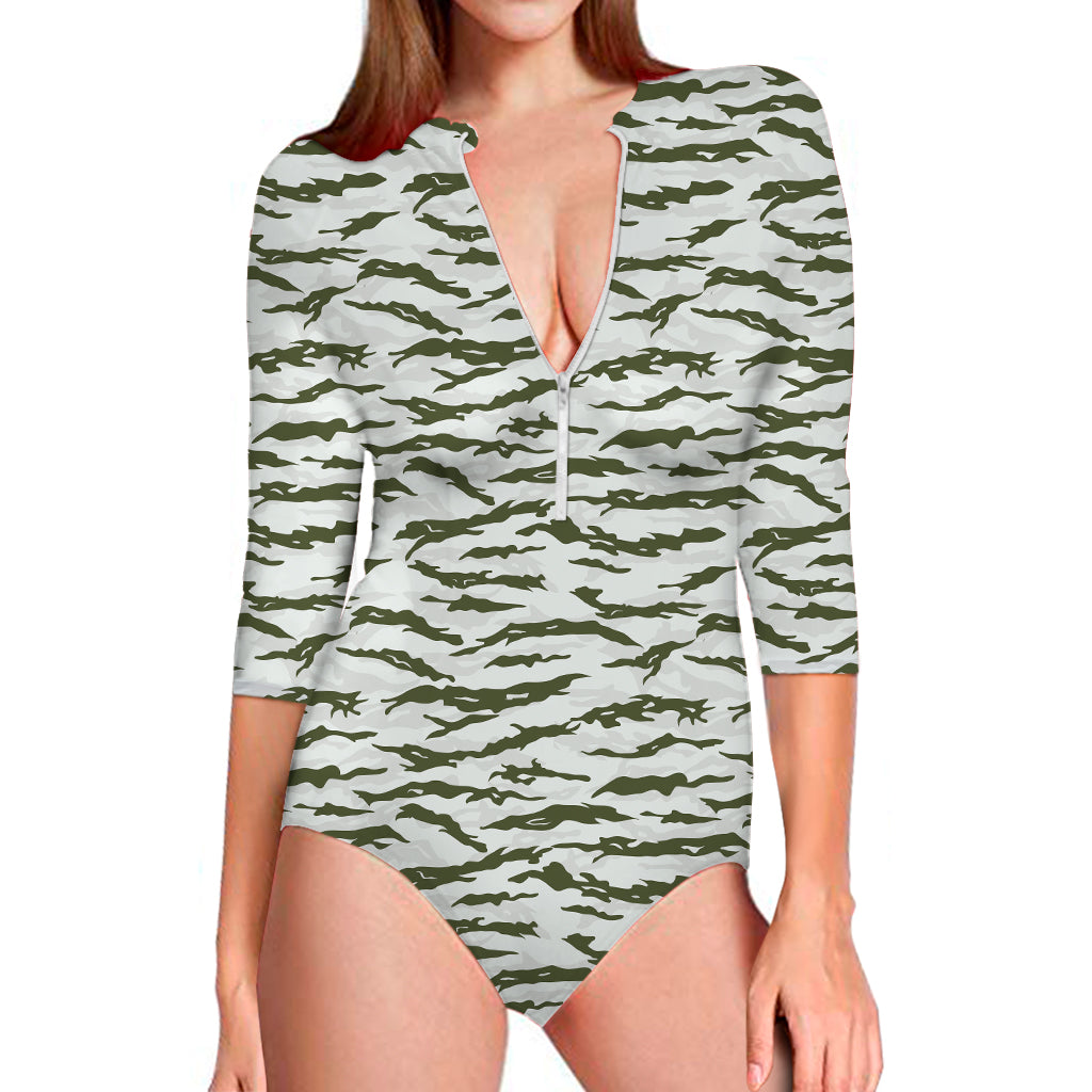 Green And White Tiger Stripe Camo Print Long Sleeve One Piece Swimsuit