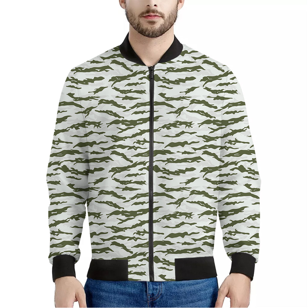 Green And White Tiger Stripe Camo Print Men's Bomber Jacket