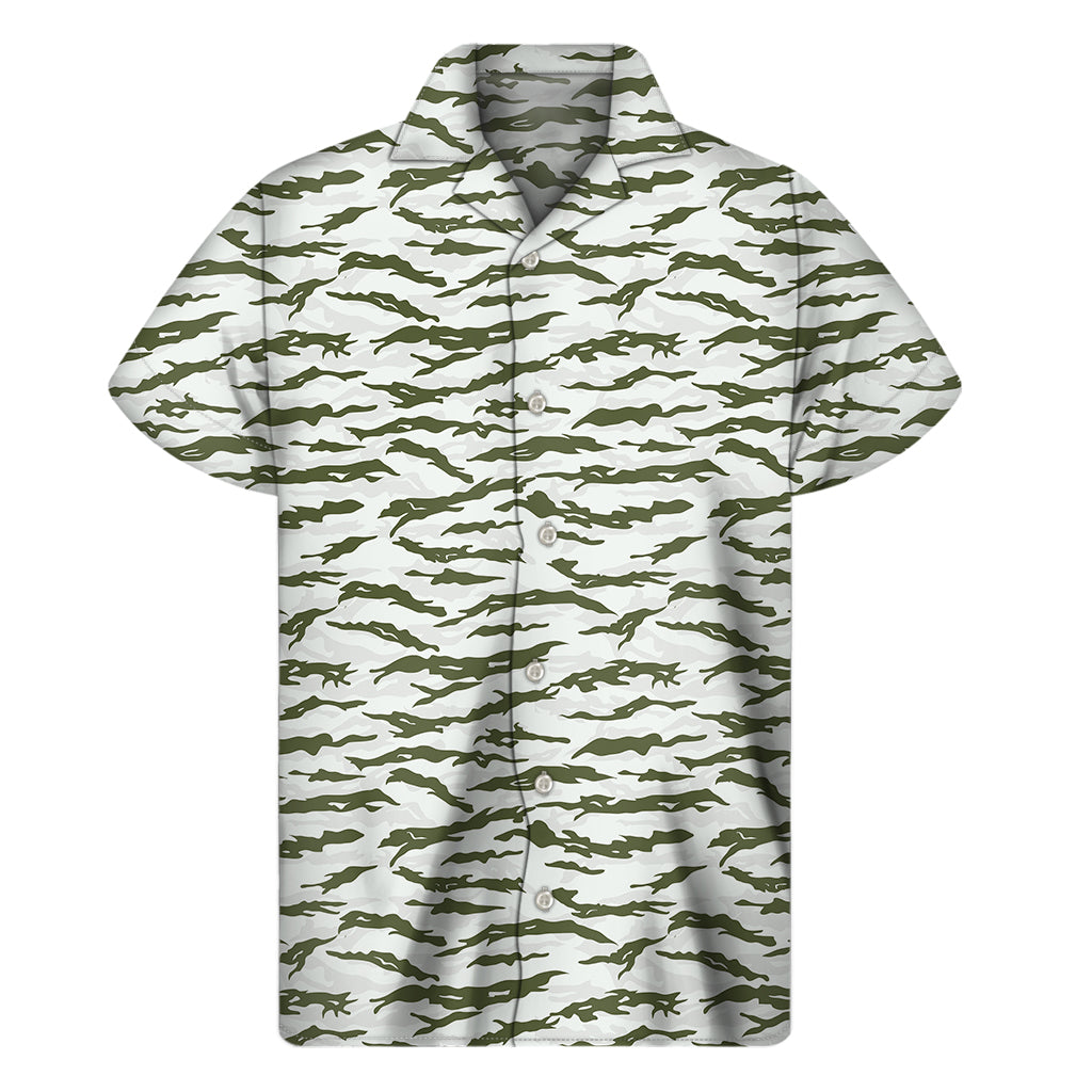 Green And White Tiger Stripe Camo Print Men's Short Sleeve Shirt