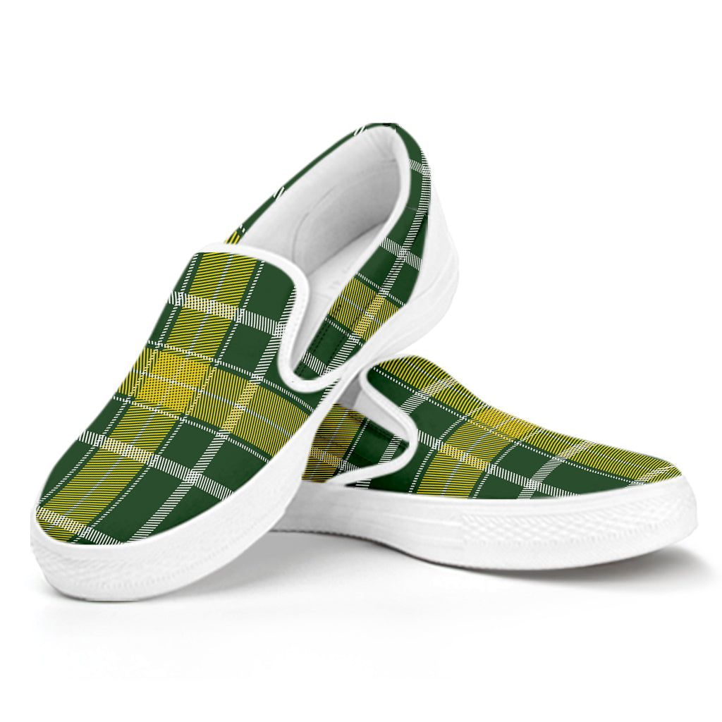 Green And Yellow Stewart Tartan Print White Slip On Shoes