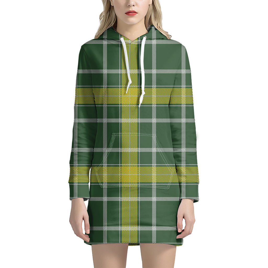 Green And Yellow Stewart Tartan Print Women's Pullover Hoodie Dress