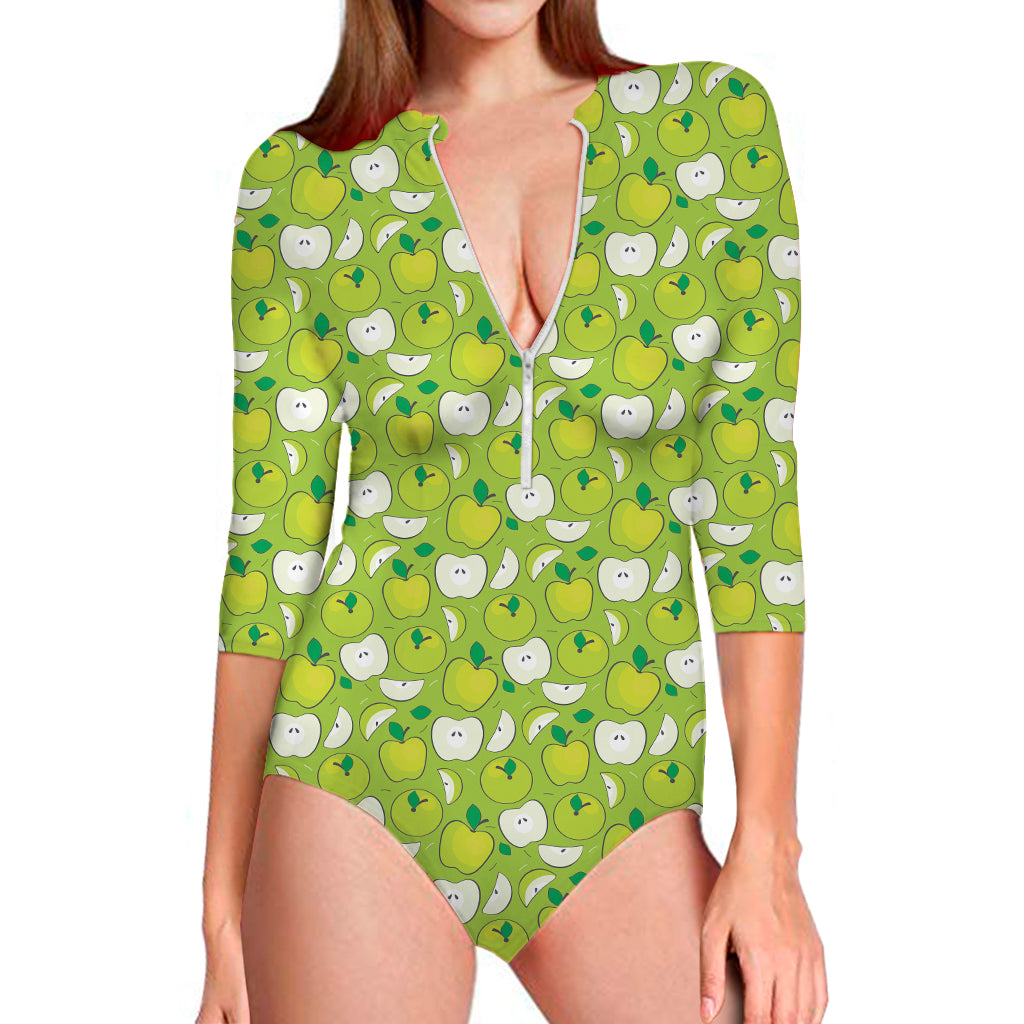 Green Apple Fruit Pattern Print Long Sleeve One Piece Swimsuit