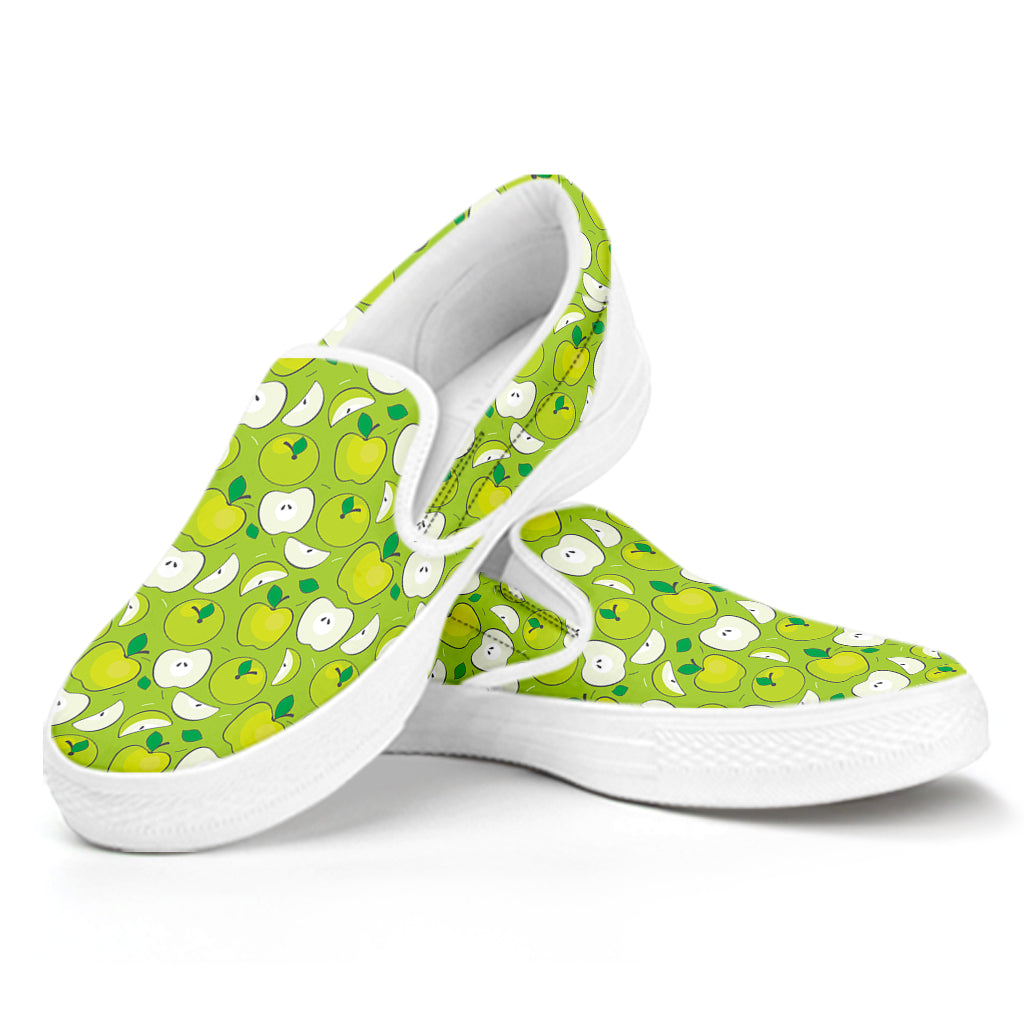 Green Apple Fruit Pattern Print White Slip On Shoes