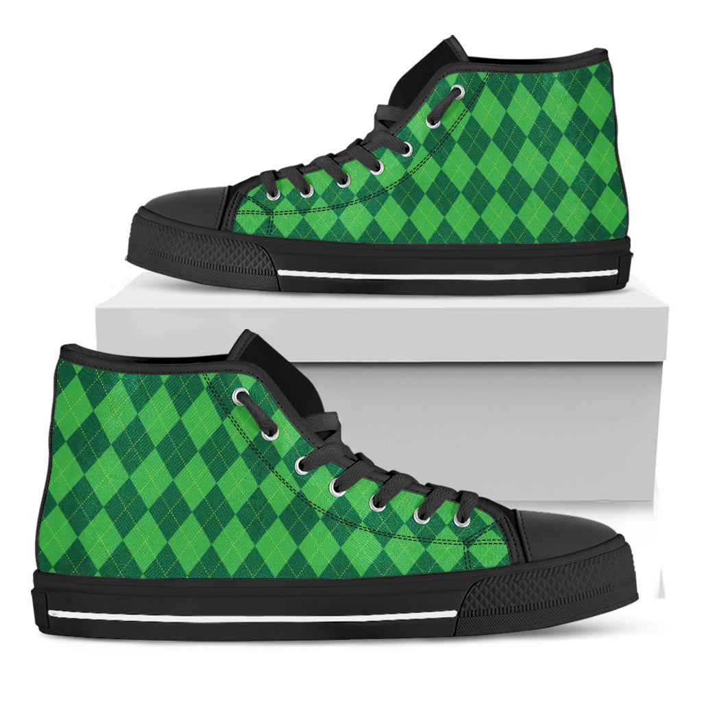 Green Argyle Pattern Print Black High Top Shoes