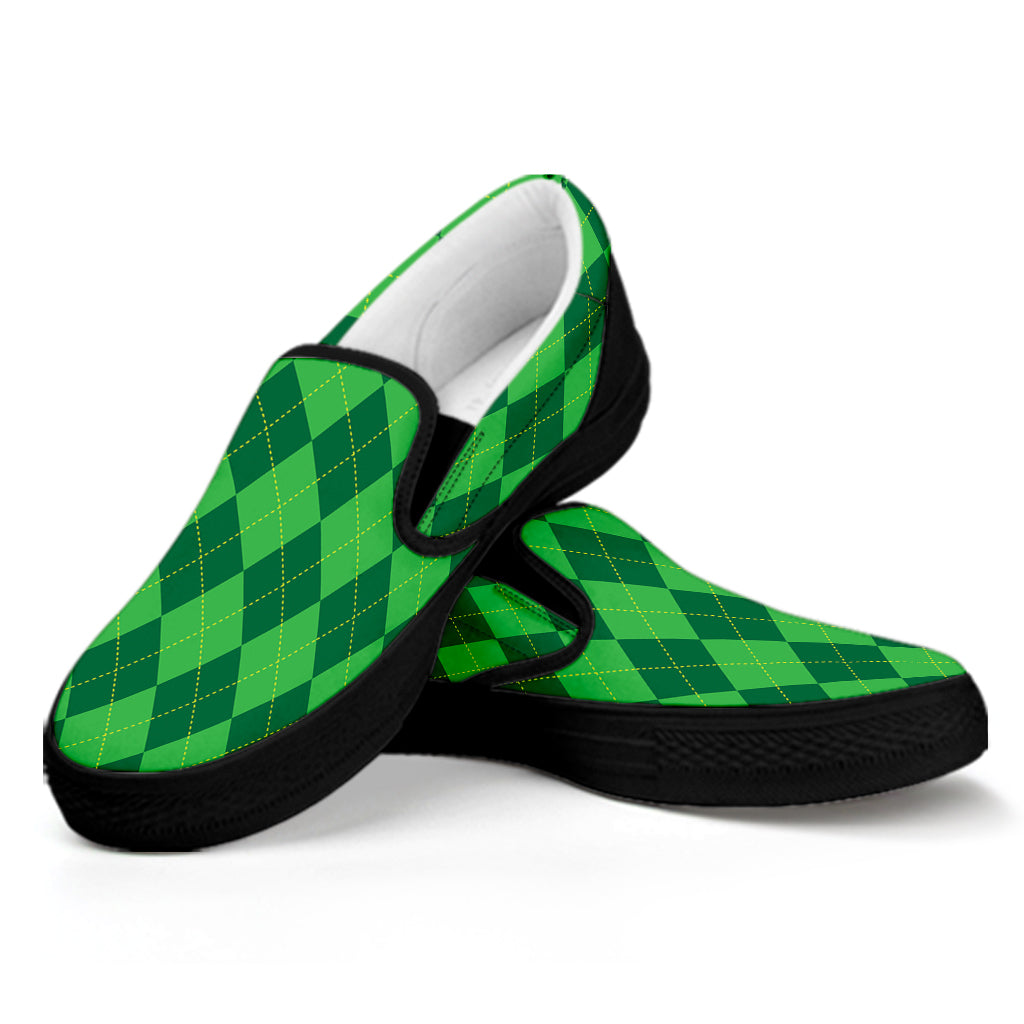 Green Argyle Pattern Print Black Slip On Shoes