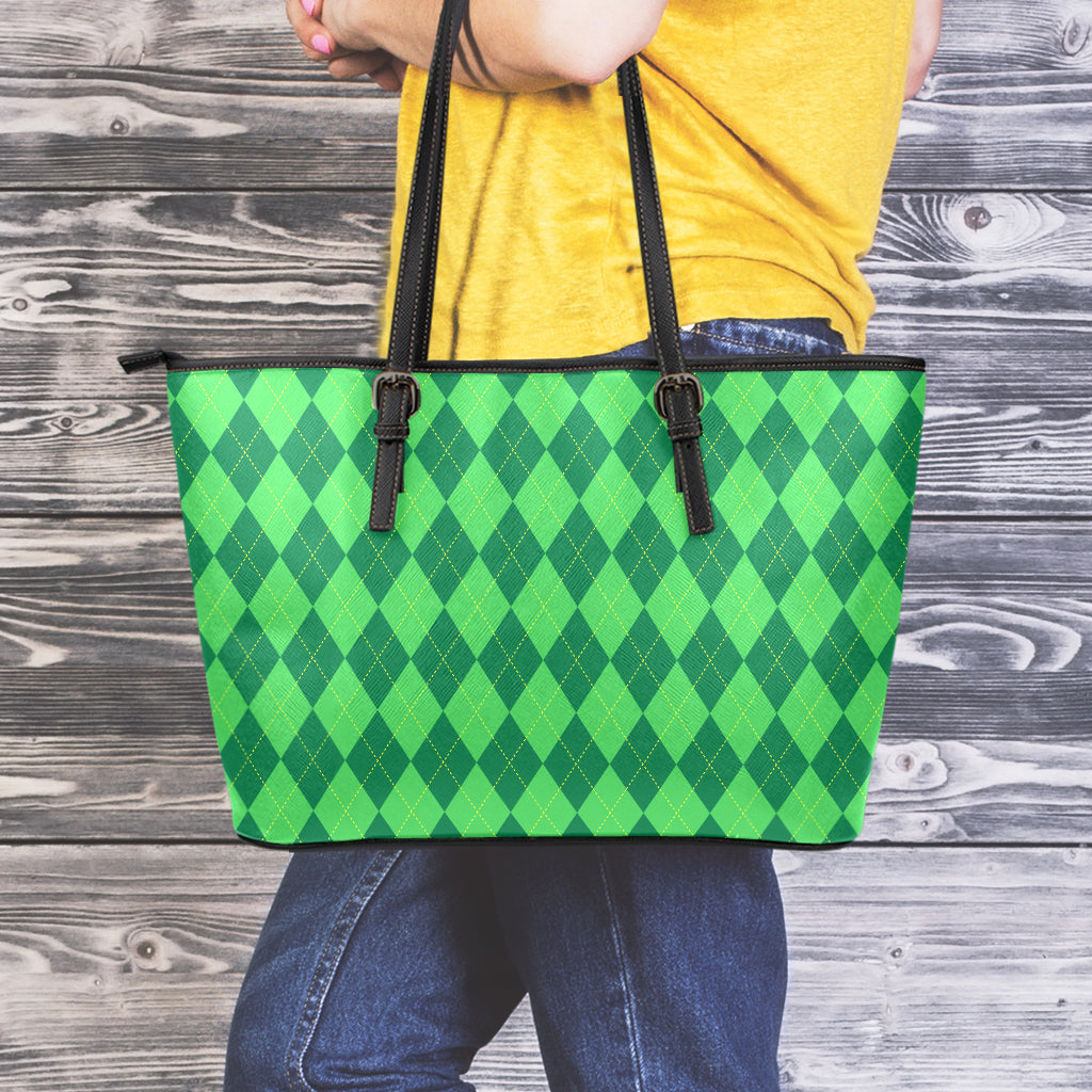 Green Argyle Pattern Print Leather Tote Bag