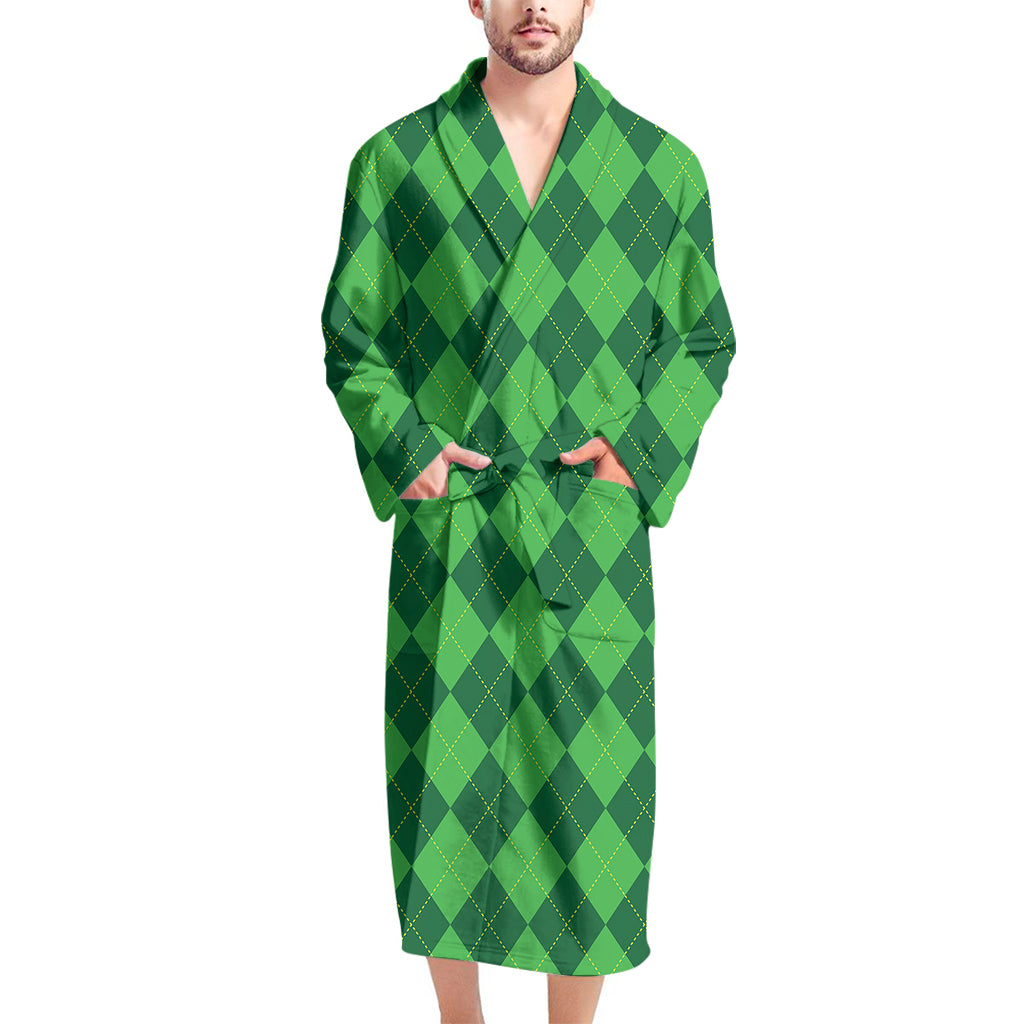 Green Argyle Pattern Print Men's Bathrobe