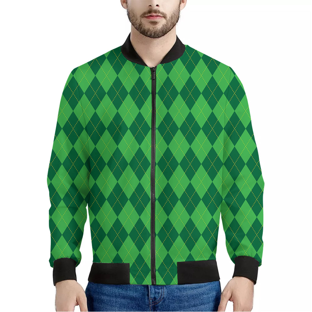 Green Argyle Pattern Print Men's Bomber Jacket