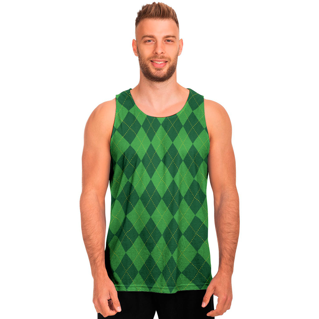 Green Argyle Pattern Print Men's Tank Top