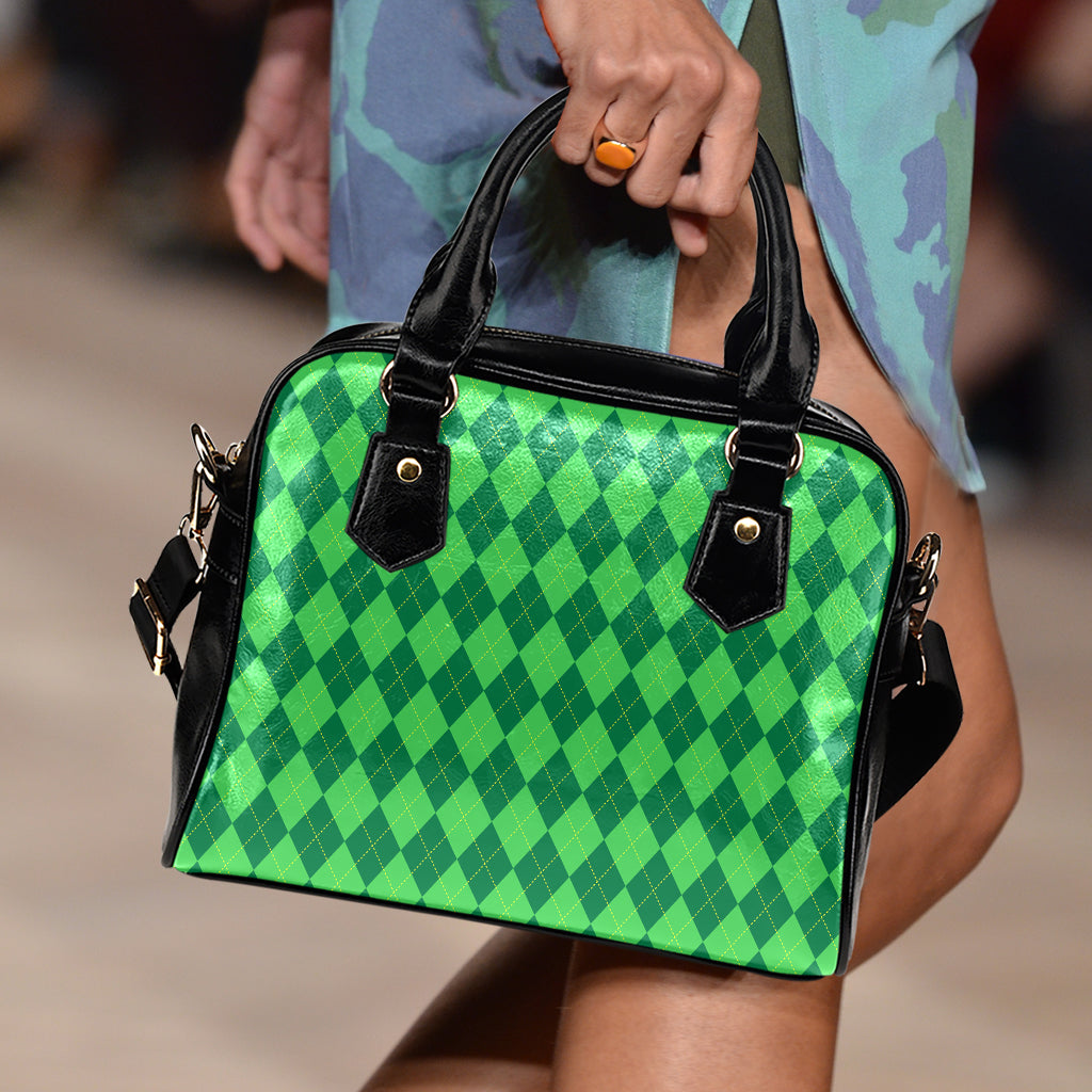 Green Argyle Pattern Print Shoulder Handbag