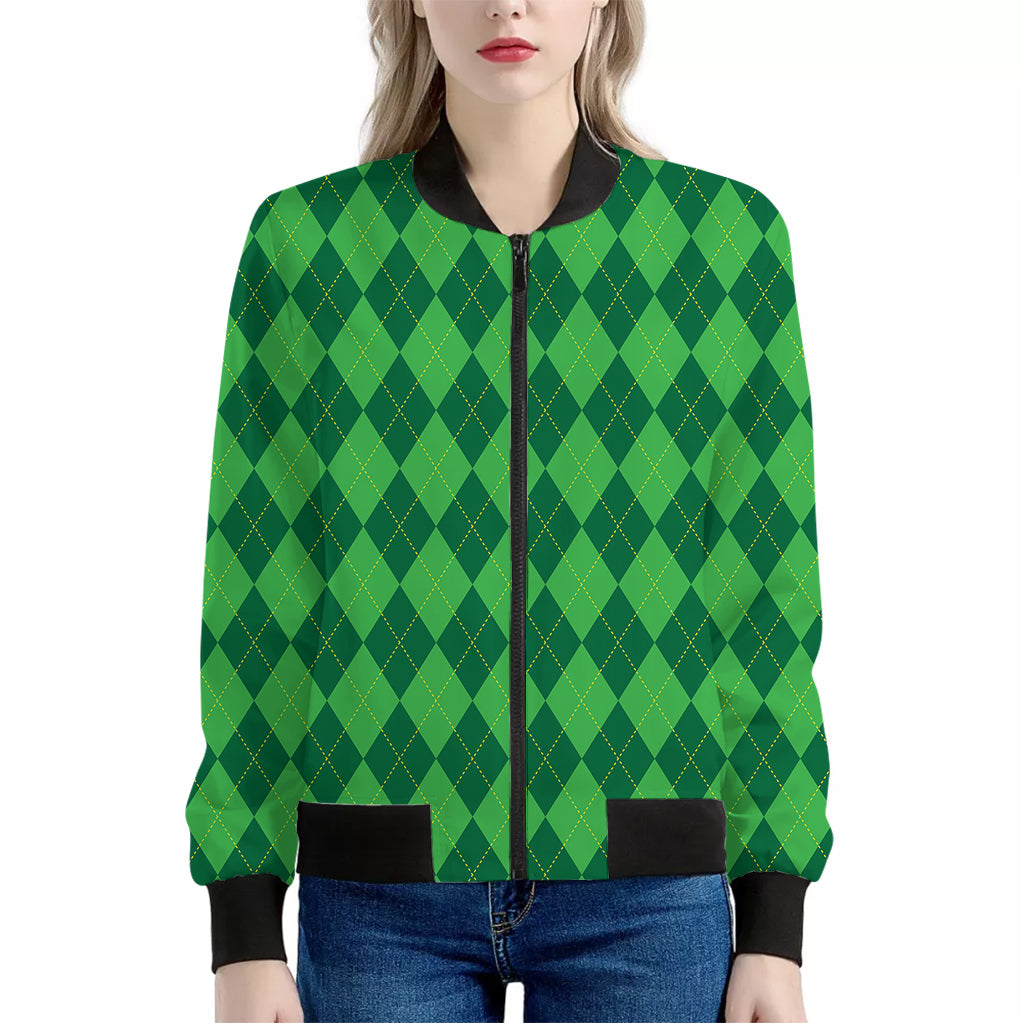 Green Argyle Pattern Print Women's Bomber Jacket