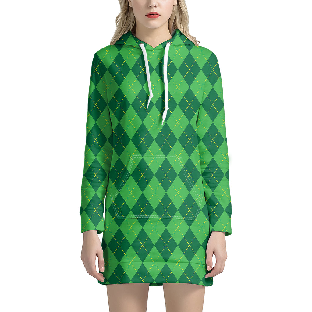 Green Argyle Pattern Print Women's Pullover Hoodie Dress