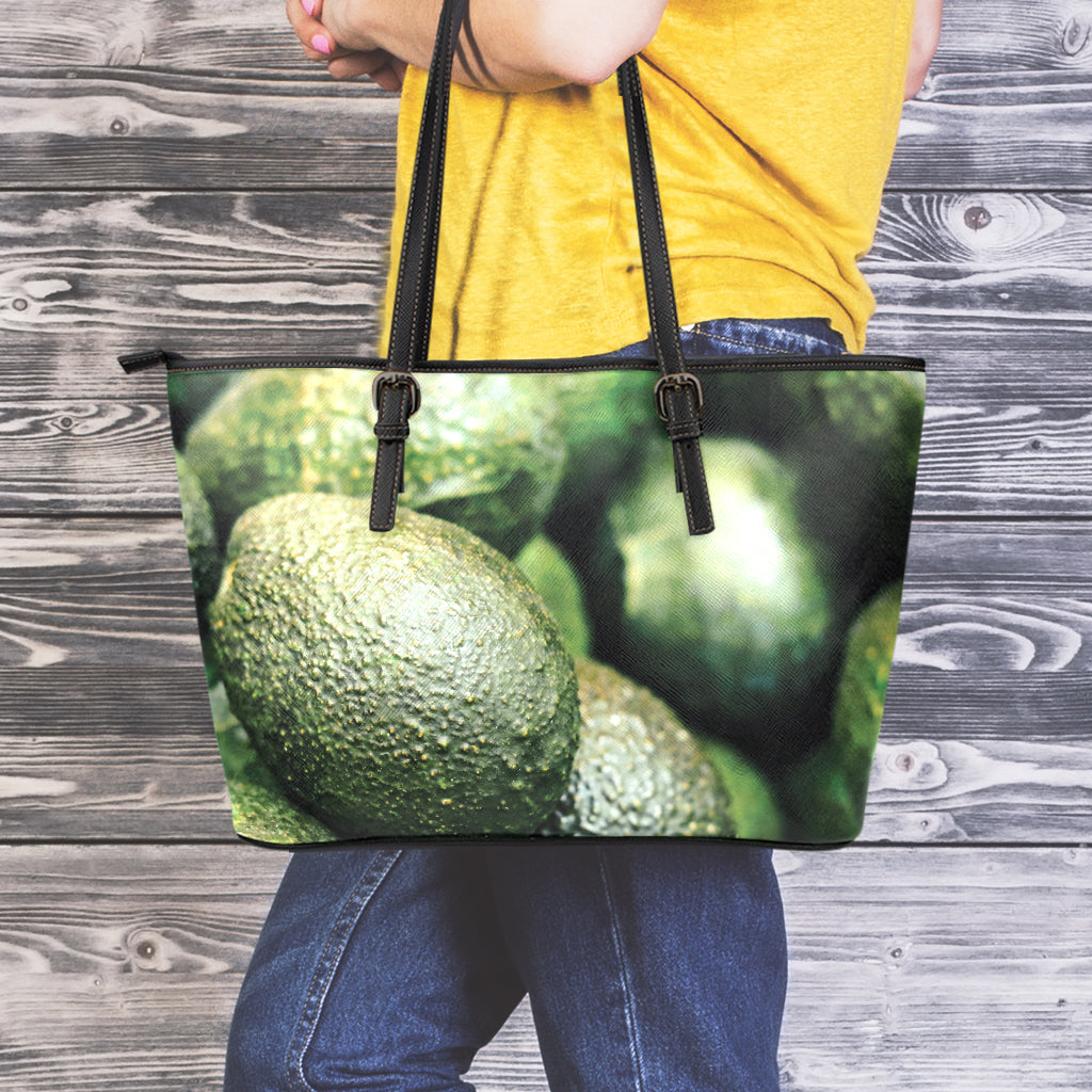 Green Avocado Print Leather Tote Bag