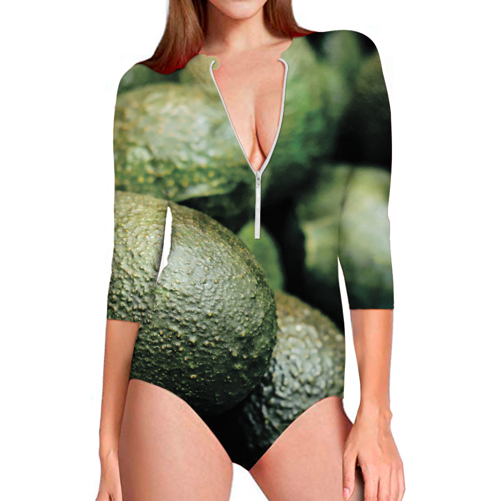 Green Avocado Print Long Sleeve One Piece Swimsuit