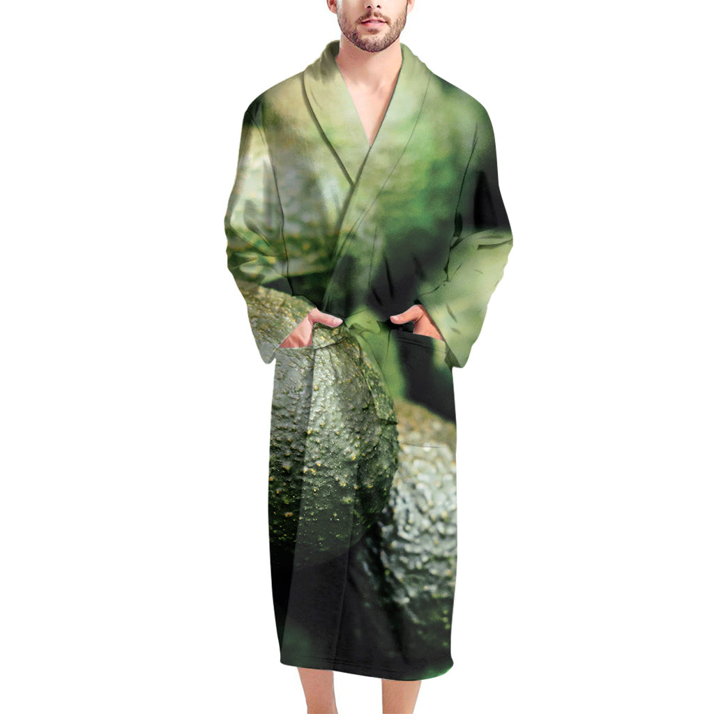 Green Avocado Print Men's Bathrobe