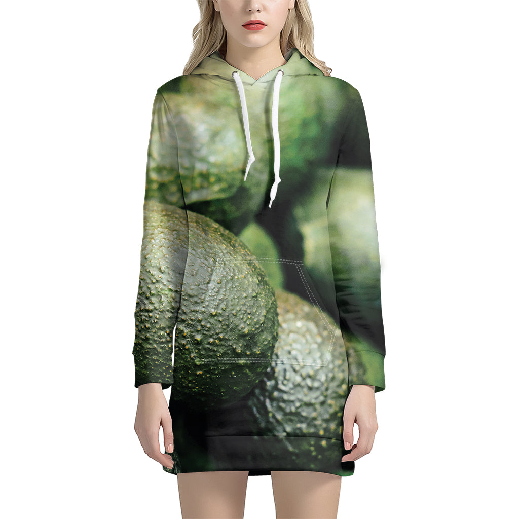 Green Avocado Print Women's Pullover Hoodie Dress