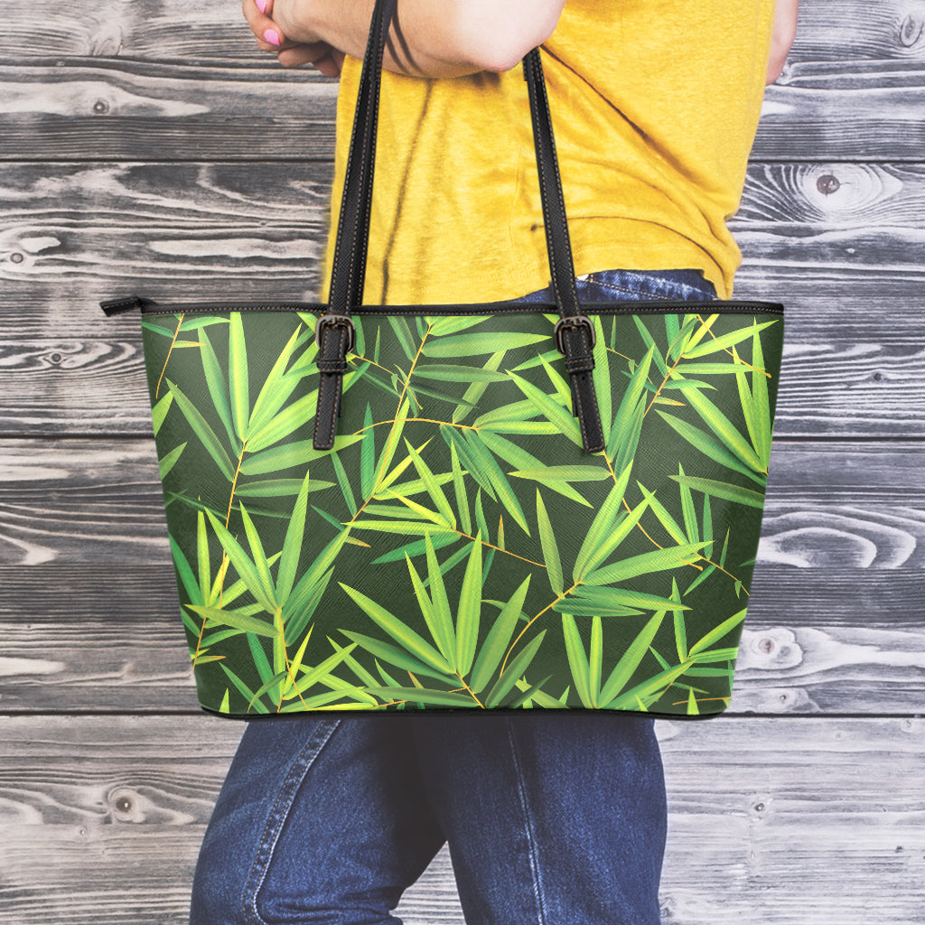 Green Bamboo Leaf Pattern Print Leather Tote Bag