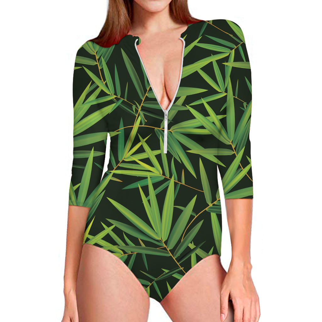 Green Bamboo Leaf Pattern Print Long Sleeve One Piece Swimsuit