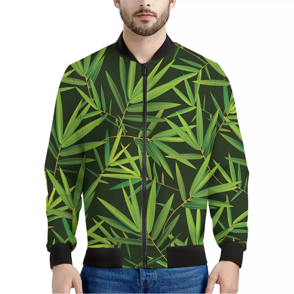 Green Bamboo Leaf Pattern Print Men's Bomber Jacket