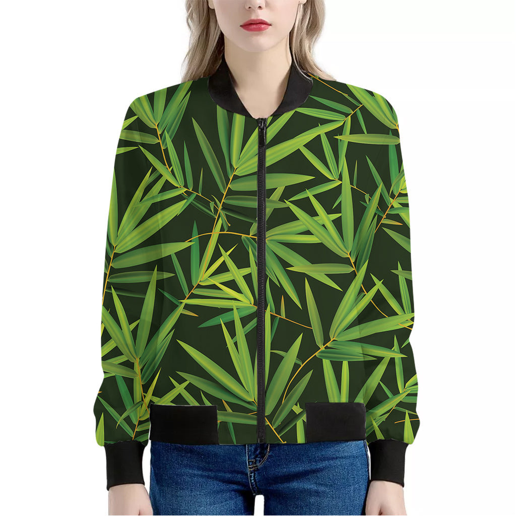 Green Bamboo Leaf Pattern Print Women's Bomber Jacket