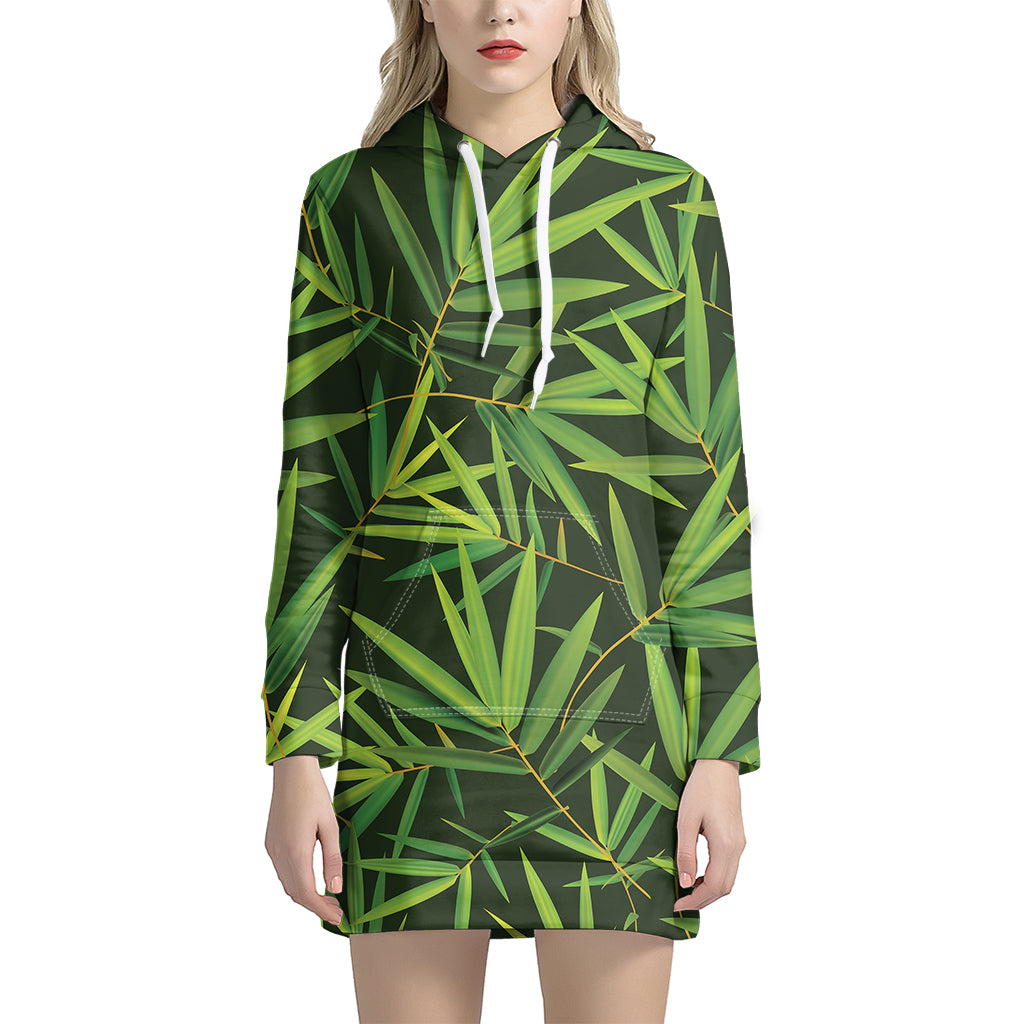 Green Bamboo Leaf Pattern Print Women's Pullover Hoodie Dress