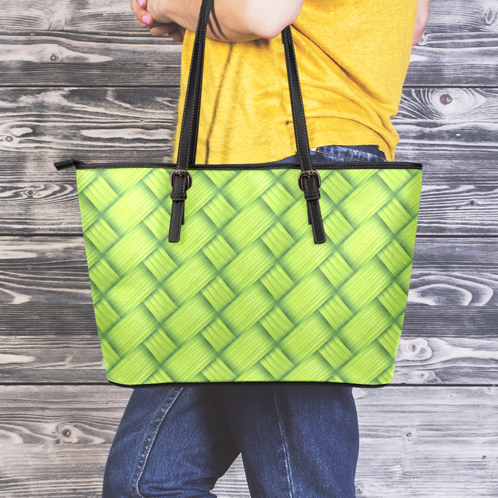 Green Bamboo Texture Print Leather Tote Bag