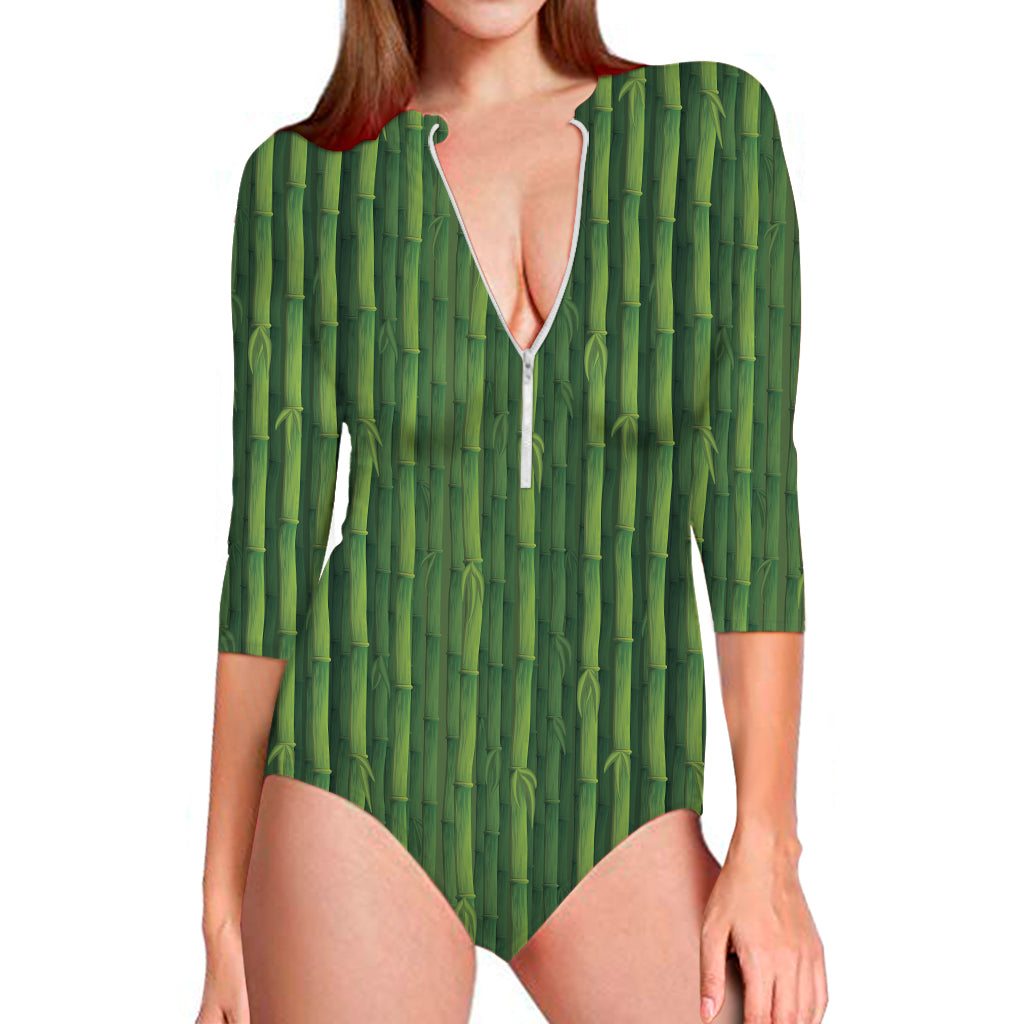 Green Bamboo Tree Pattern Print Long Sleeve One Piece Swimsuit