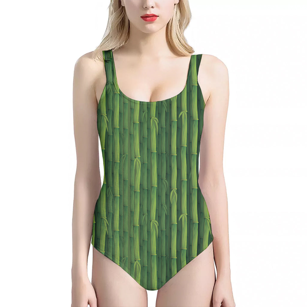 Green Bamboo Tree Pattern Print One Piece Halter Neck Swimsuit