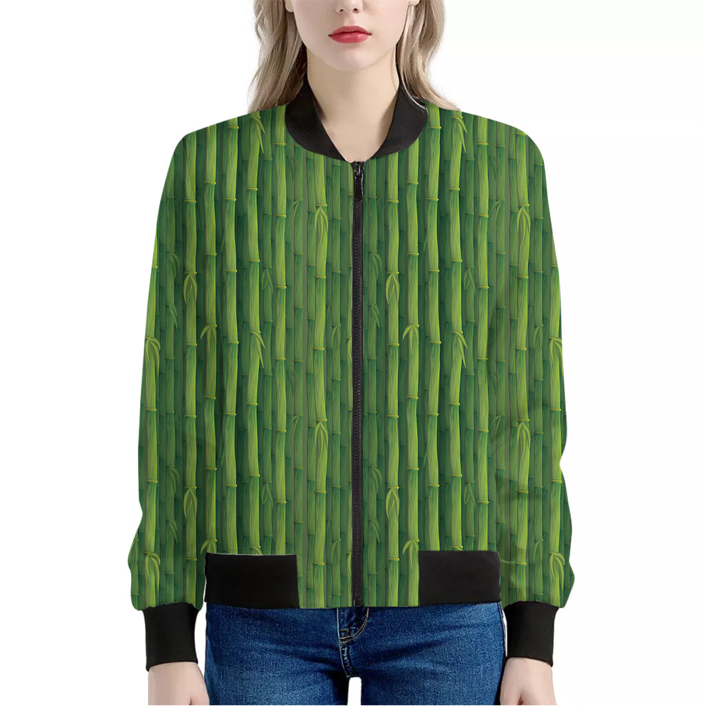 Green Bamboo Tree Pattern Print Women's Bomber Jacket