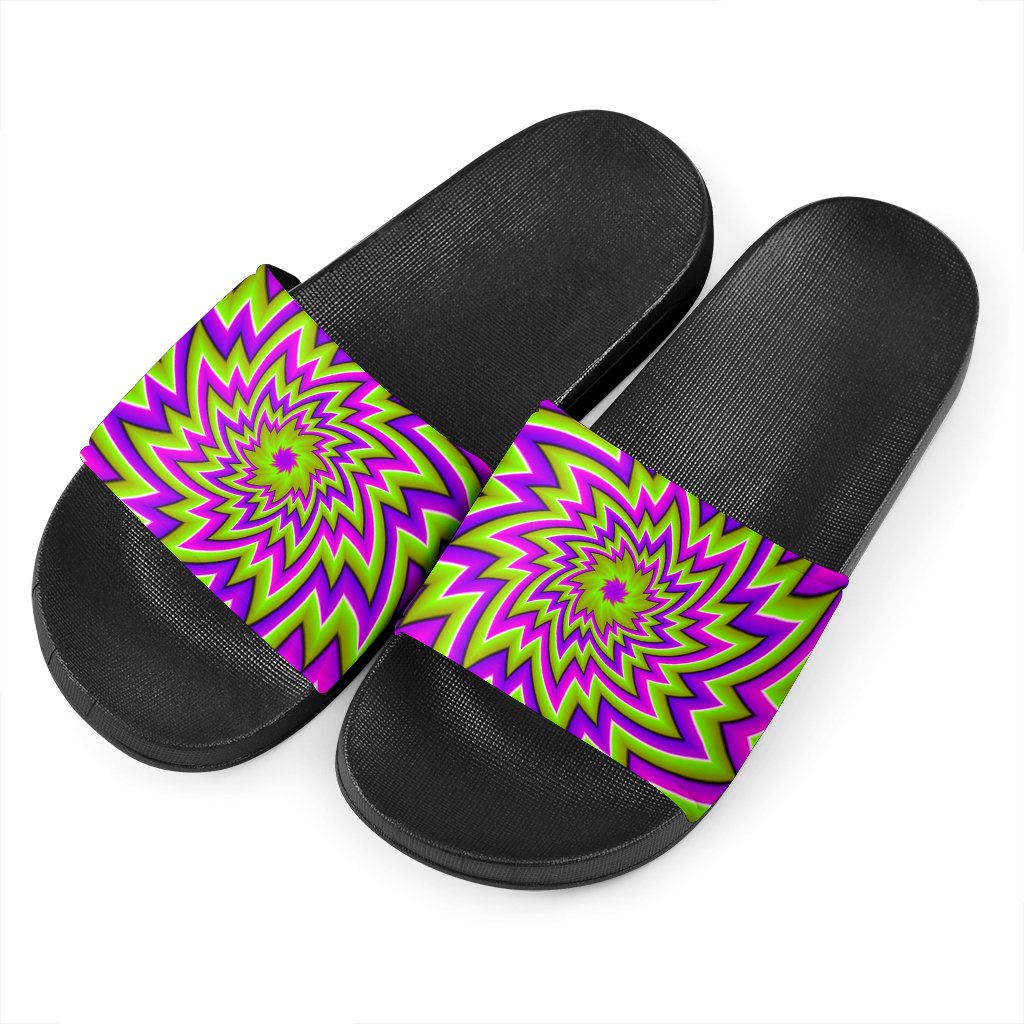 Green Big Bang Moving Optical Illusion Black Slide Sandals