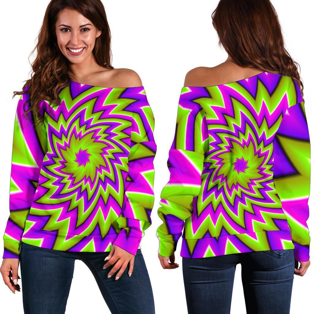 Green Big Bang Moving Optical Illusion Women's Off-Shoulder Sweatshirt