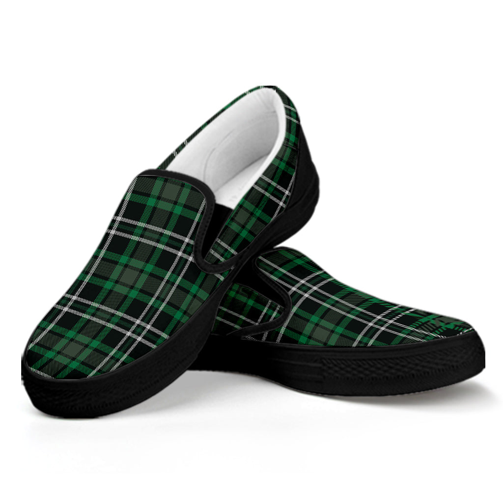 Green Black And White Tartan Print Black Slip On Shoes