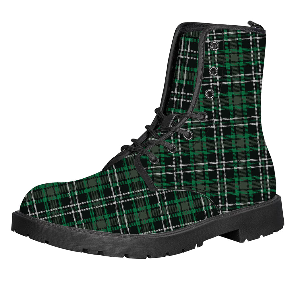 Green Black And White Tartan Print Leather Boots