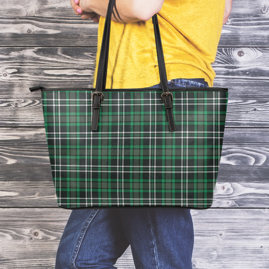 Green Black And White Tartan Print Leather Tote Bag