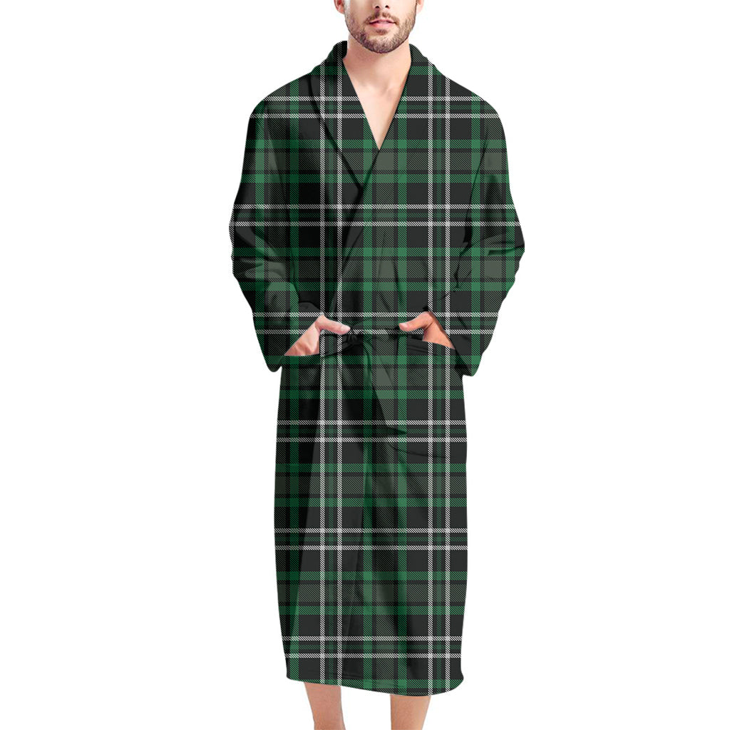 Green Black And White Tartan Print Men's Bathrobe