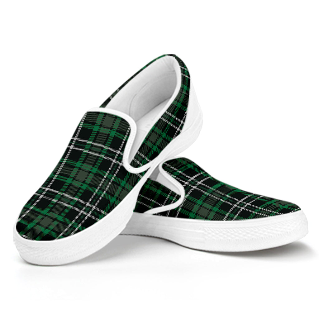 Green Black And White Tartan Print White Slip On Shoes