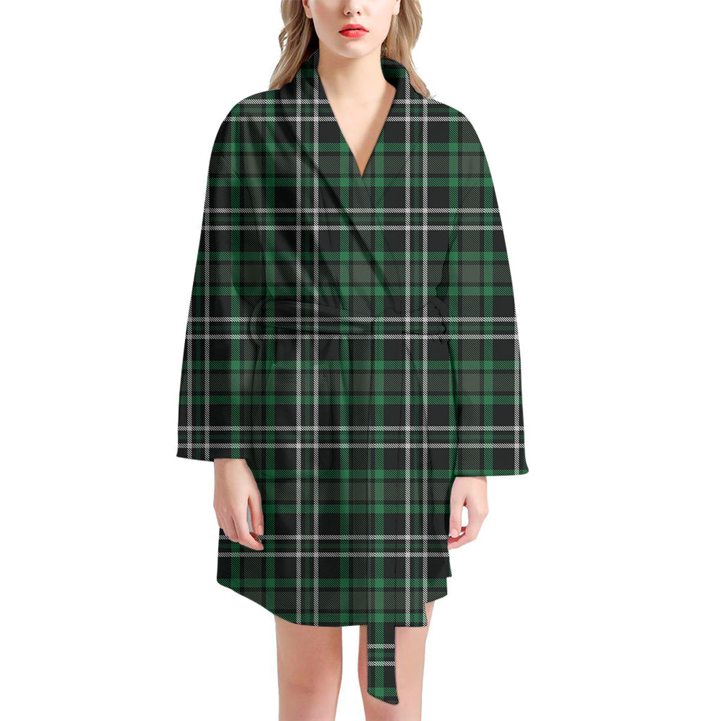 Green Black And White Tartan Print Women's Bathrobe