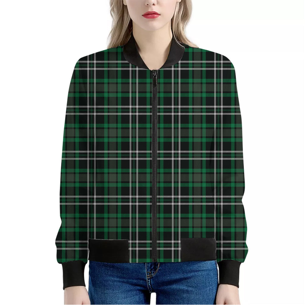 Green Black And White Tartan Print Women's Bomber Jacket