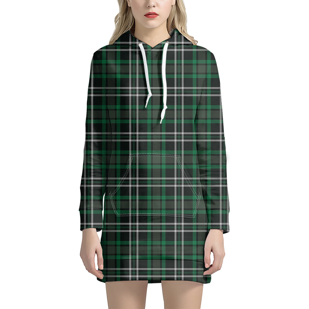 Green Black And White Tartan Print Women's Pullover Hoodie Dress