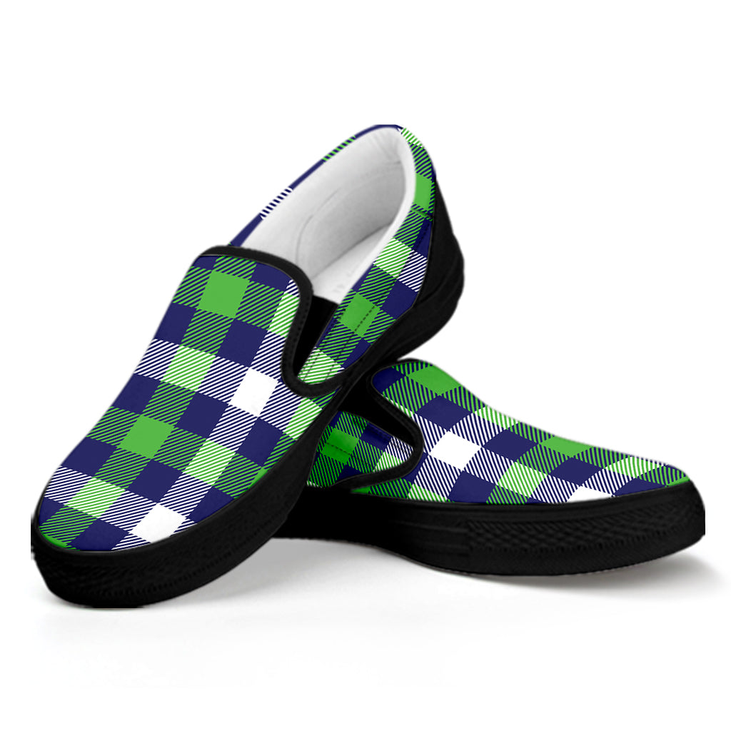 Green Blue And White Buffalo Plaid Print Black Slip On Shoes