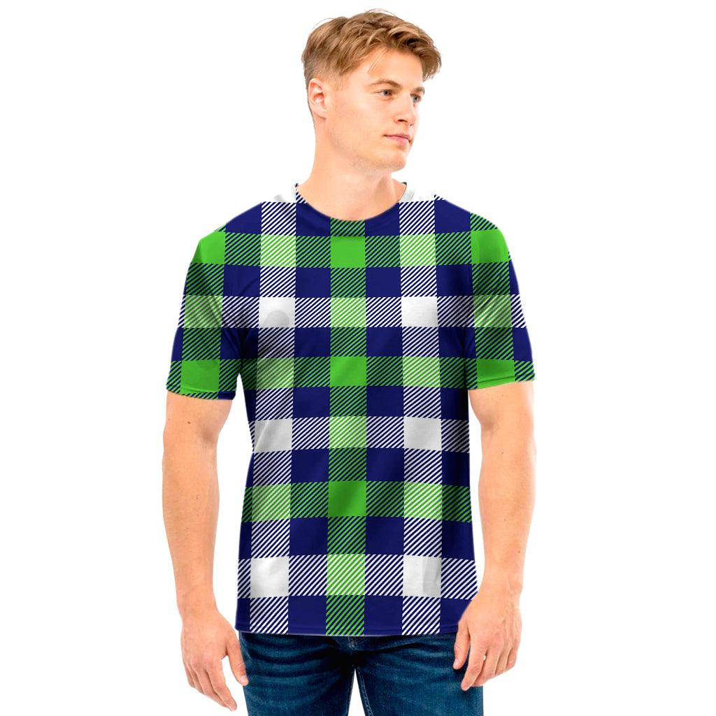 Green Blue And White Buffalo Plaid Print Men's T-Shirt