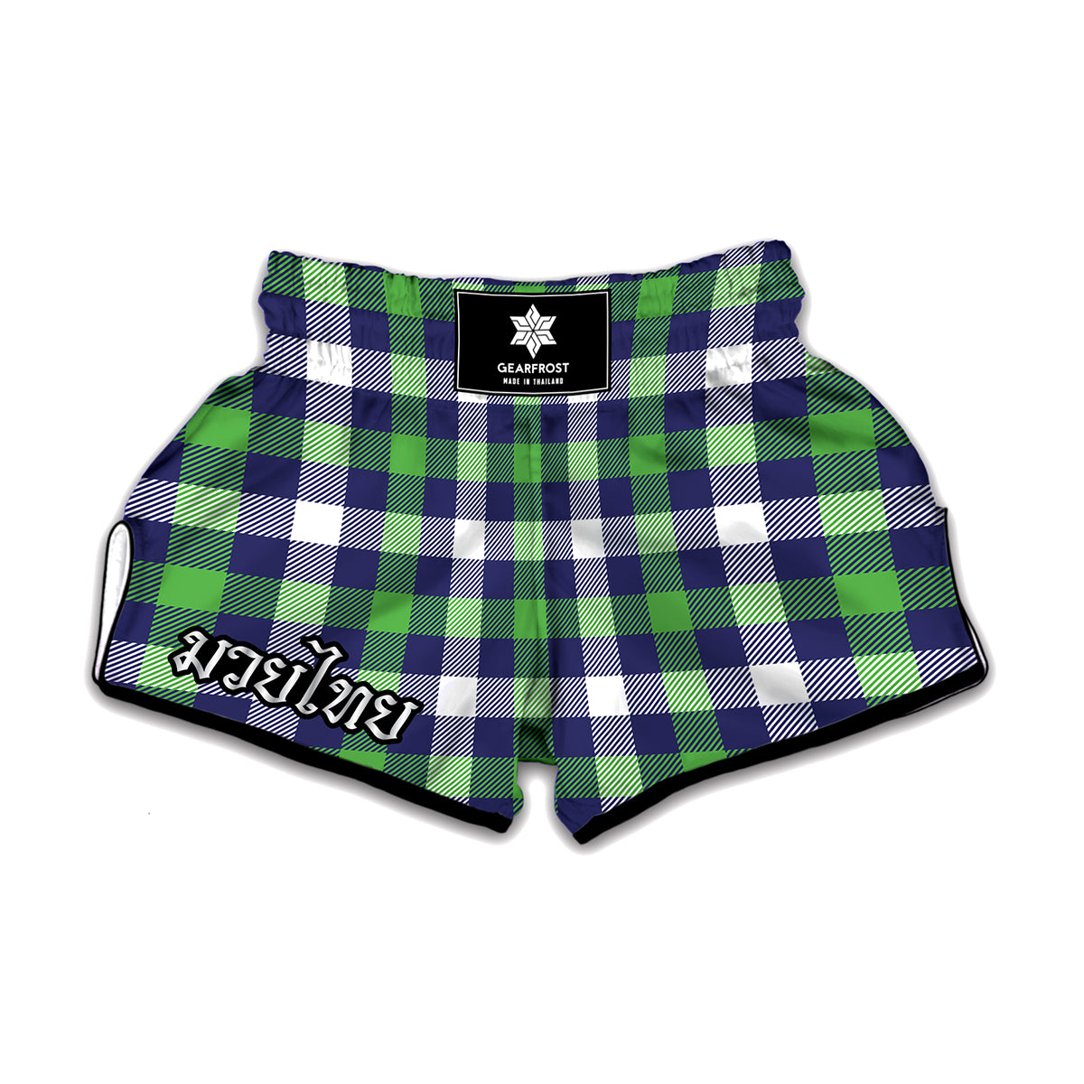 Green Blue And White Buffalo Plaid Print Muay Thai Boxing Shorts