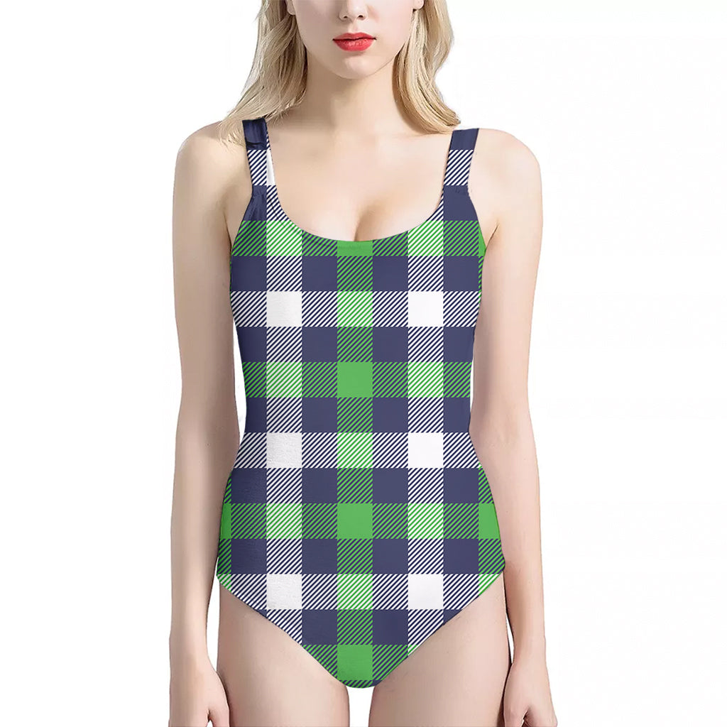 Green Blue And White Buffalo Plaid Print One Piece Halter Neck Swimsuit