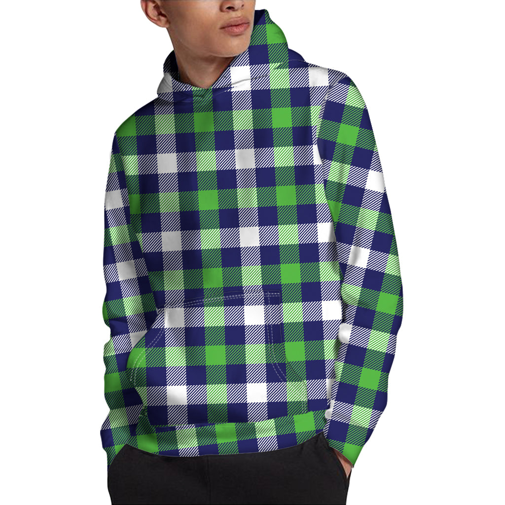 Green Blue And White Buffalo Plaid Print Pullover Hoodie