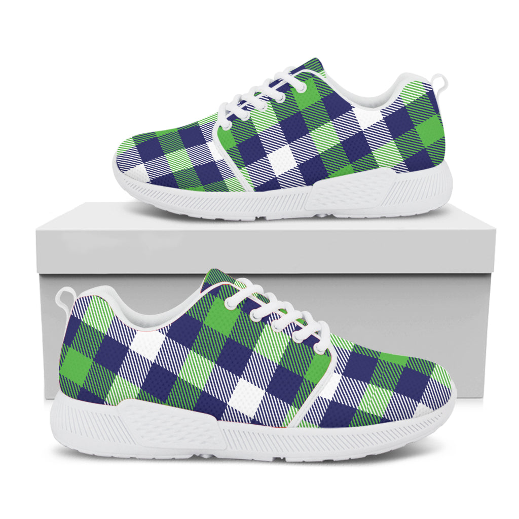 Green Blue And White Buffalo Plaid Print White Athletic Shoes