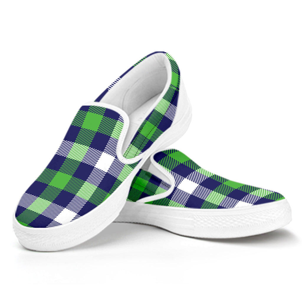 Green Blue And White Buffalo Plaid Print White Slip On Shoes