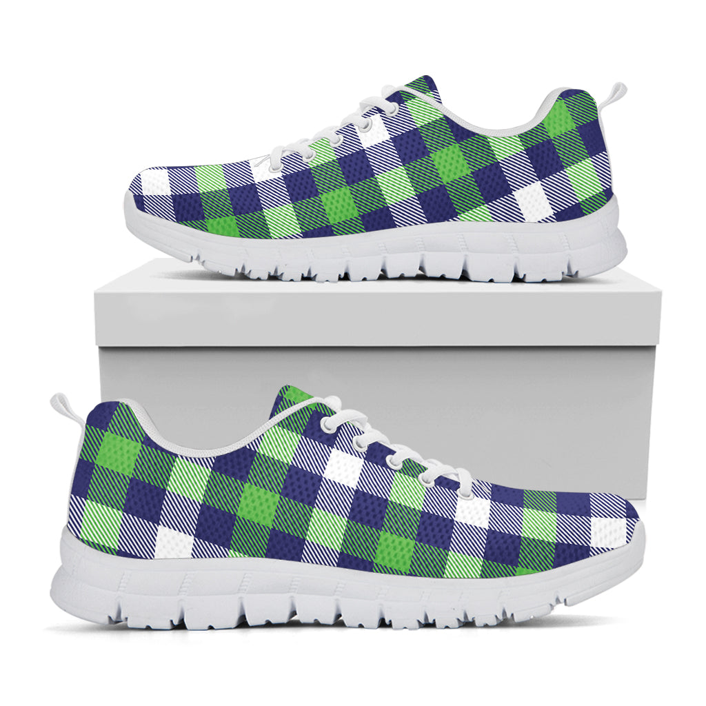 Green Blue And White Buffalo Plaid Print White Sneakers