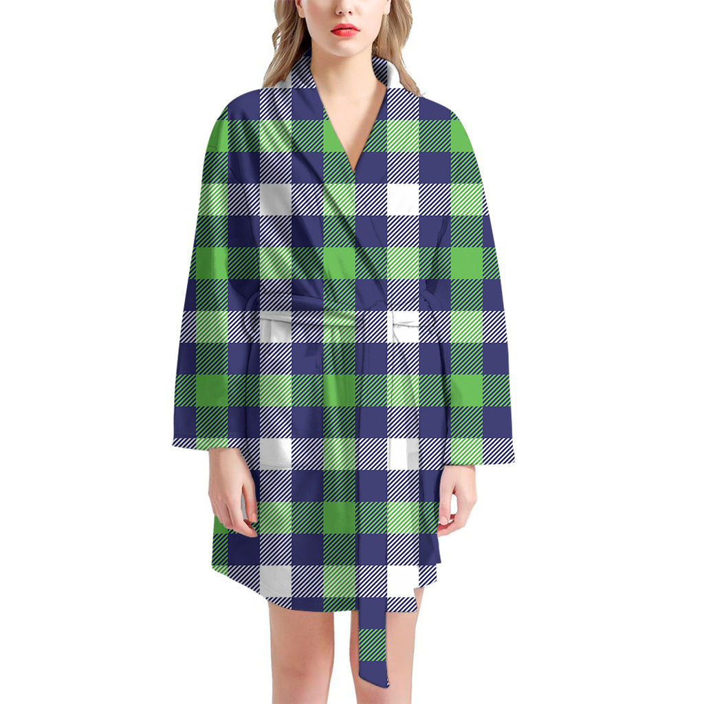 Green Blue And White Buffalo Plaid Print Women's Bathrobe