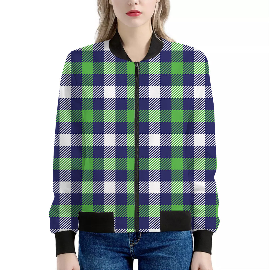 Green Blue And White Buffalo Plaid Print Women's Bomber Jacket