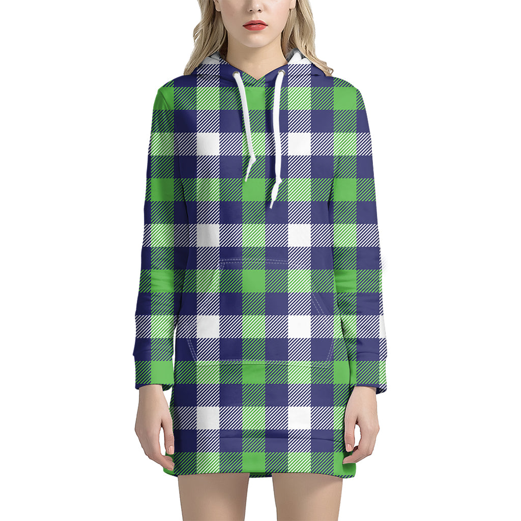 Green Blue And White Buffalo Plaid Print Women's Pullover Hoodie Dress